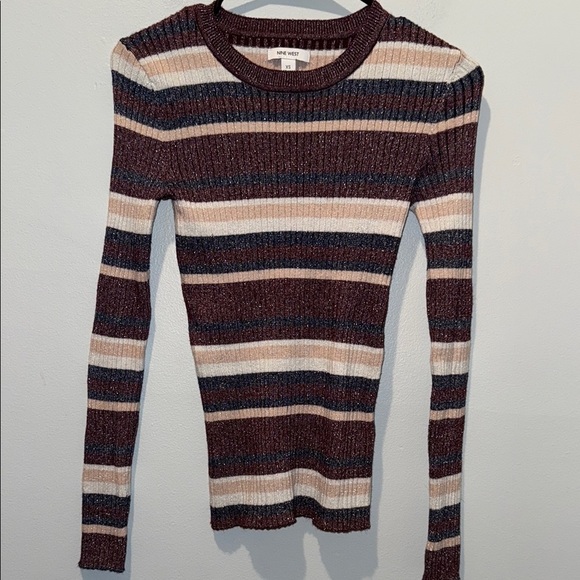 Nine West XS Metallic Striped Crew Neck Sweater Cream, Blue - Picture 1 of 8